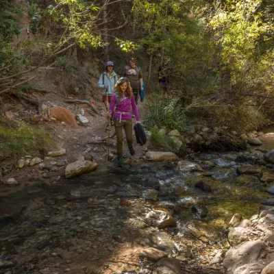 a group of people walking down a dirt road