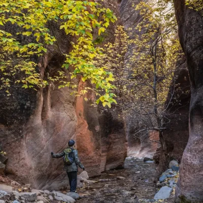 a person standing next to a waterfall